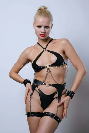 Black Faux Leather Halter Harness Set with Chains, Garter, and Thigh Straps