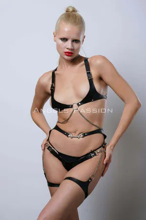 Black Faux Leather Full Body Harness with O-Ring and Detachable Chains
