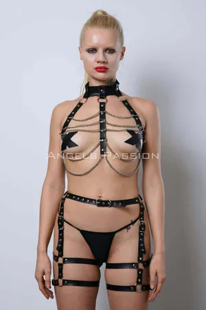 Chain Detailed Leather Garter Harness Set, Leather Chain Fancy Set - APFT1262