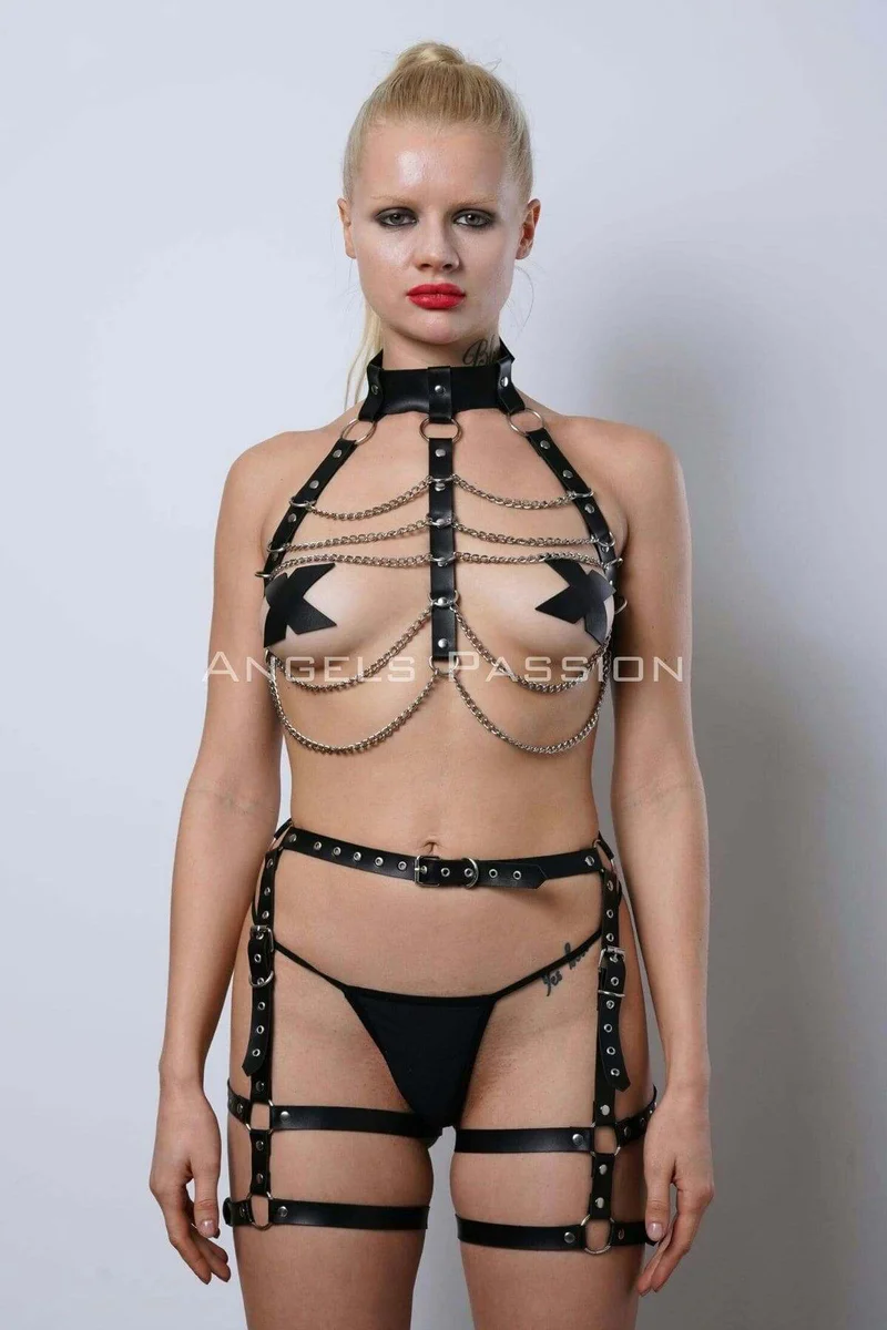 Chain Detailed Leather Garter Harness Set, Leather Chain Fancy Set - APFT1262