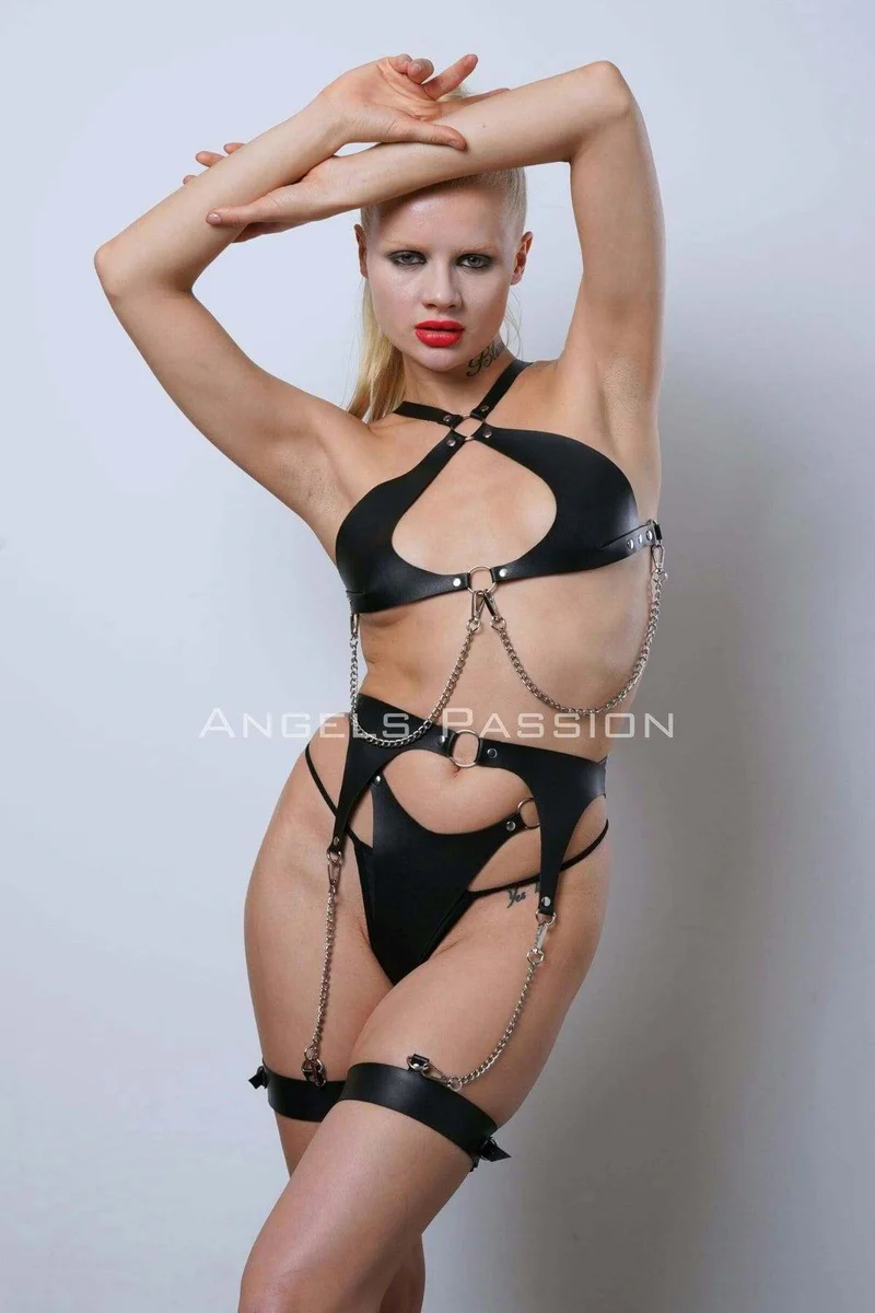 Leather Fancy Underwear Set, Stylish Leather Harness Set, Club Wear - APFT1330