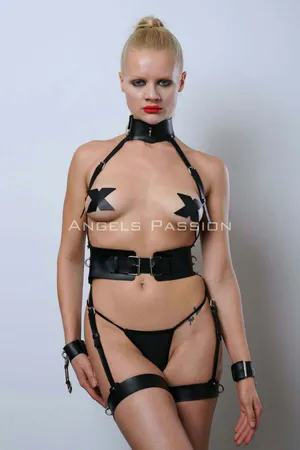Black Faux Leather Full Body Harness with Choker Collar and Wrist Cuffs