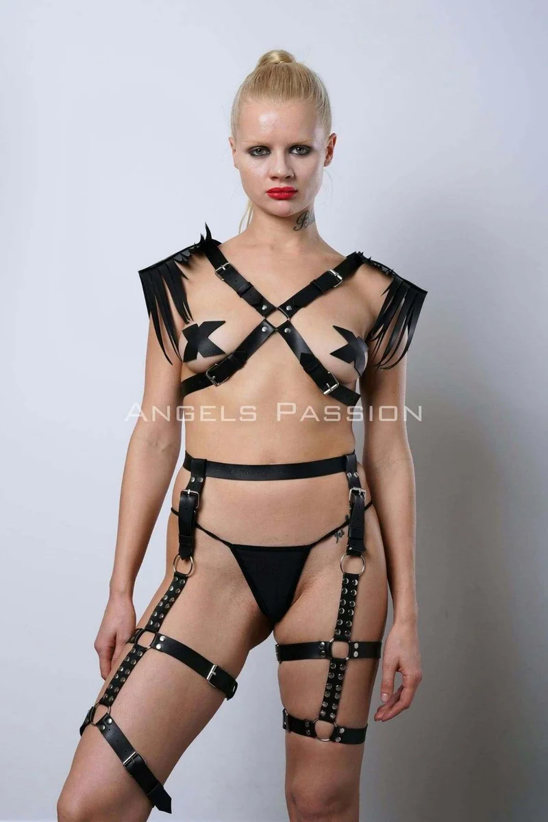Black Faux Leather Chest Harness Fringe