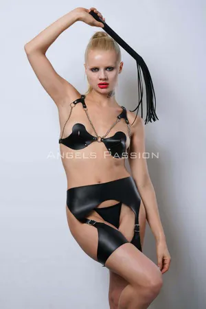 Black Faux Leather Harness Bra and Garter Set with Leg Straps for Women