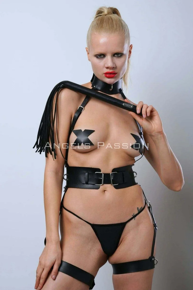 Full Body Harness Set Black Vegan Leather Front View