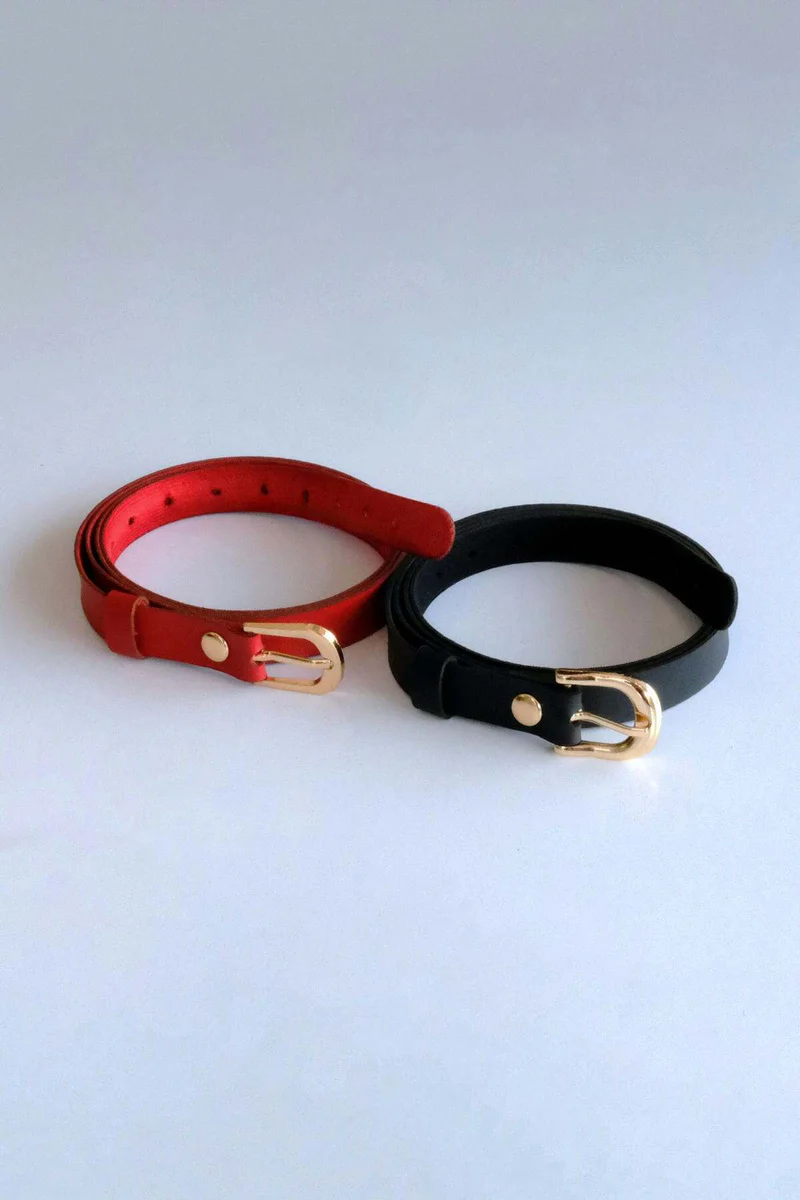 Black slim faux leather belt set with buckle and red belt