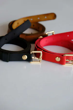Square Buckle Detailed 3-Piece Belt Set | Black - Red and Tan Belt (Gold Accessory)