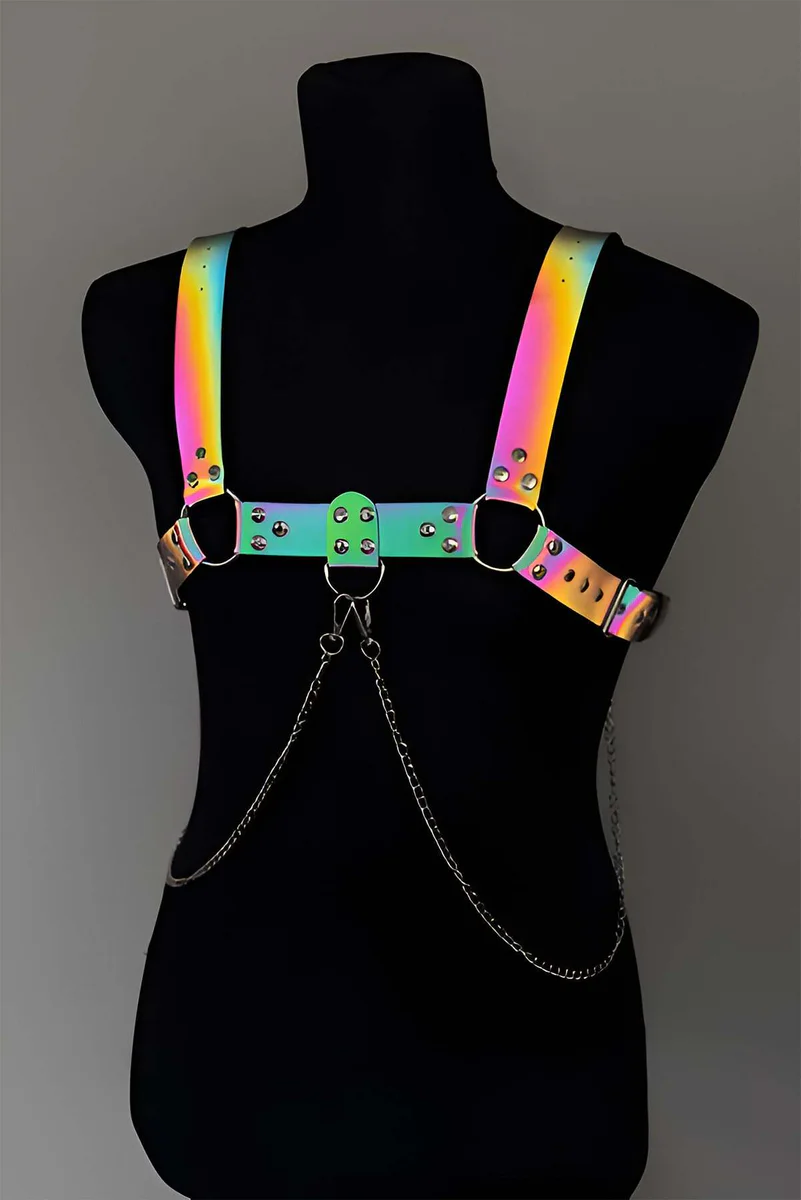 Rainbow iridescent body harness with silver chains and studded band