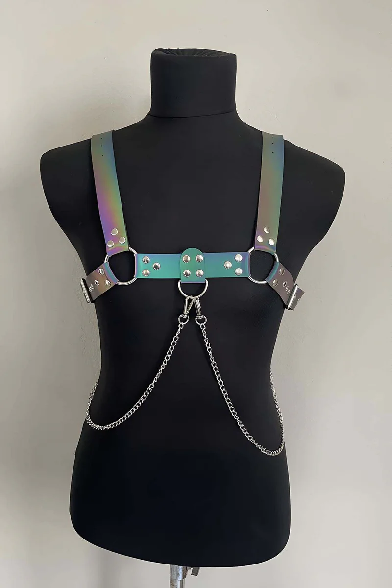 Close-up of rainbow iridescent harness strap texture and rivets