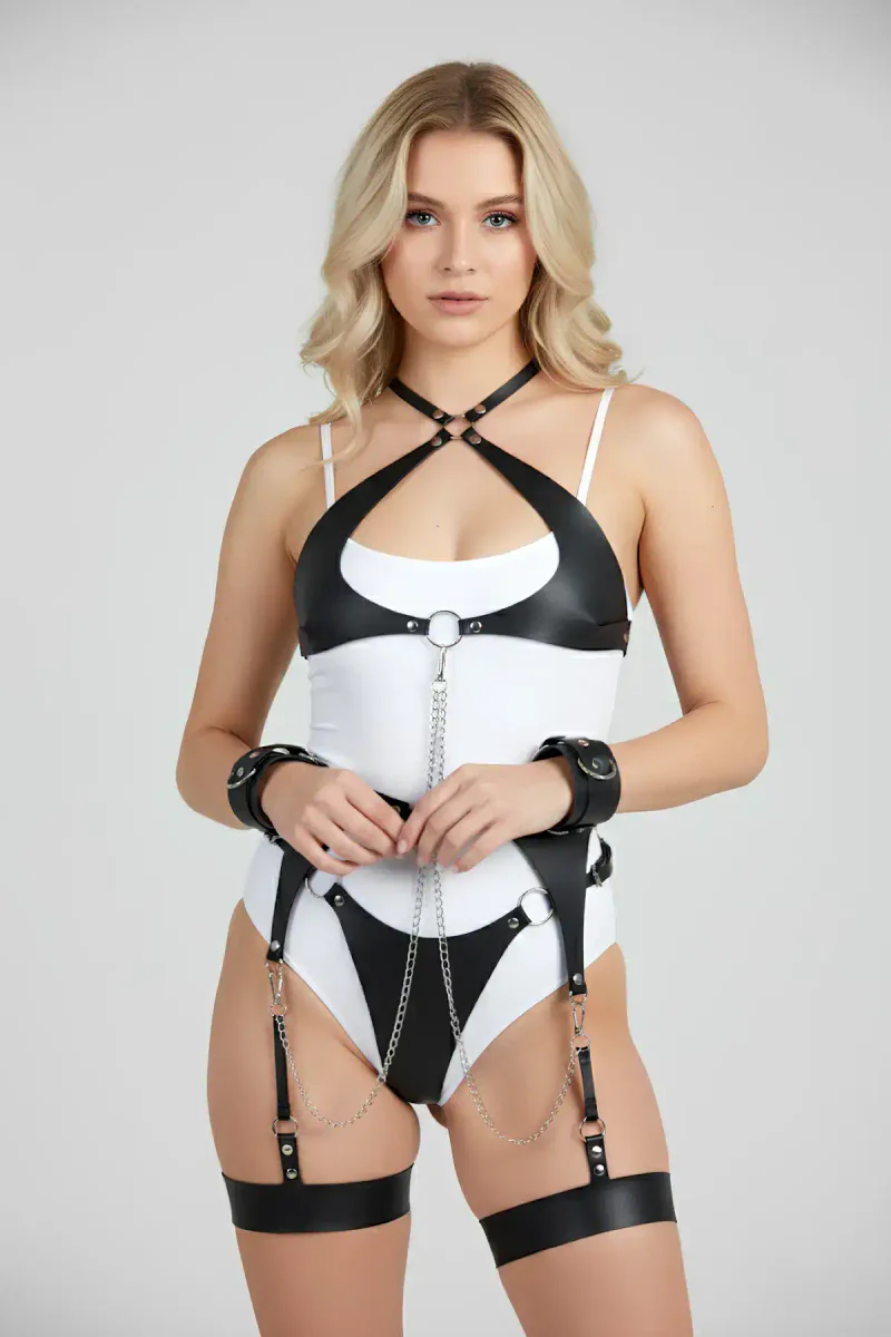 Black Faux Leather Full Body Harness Set with Garter Straps & Silver Chain
