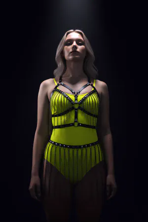 Neon Yellow Faux Leather Body Harness with Tiered Chain Fringe and Studs