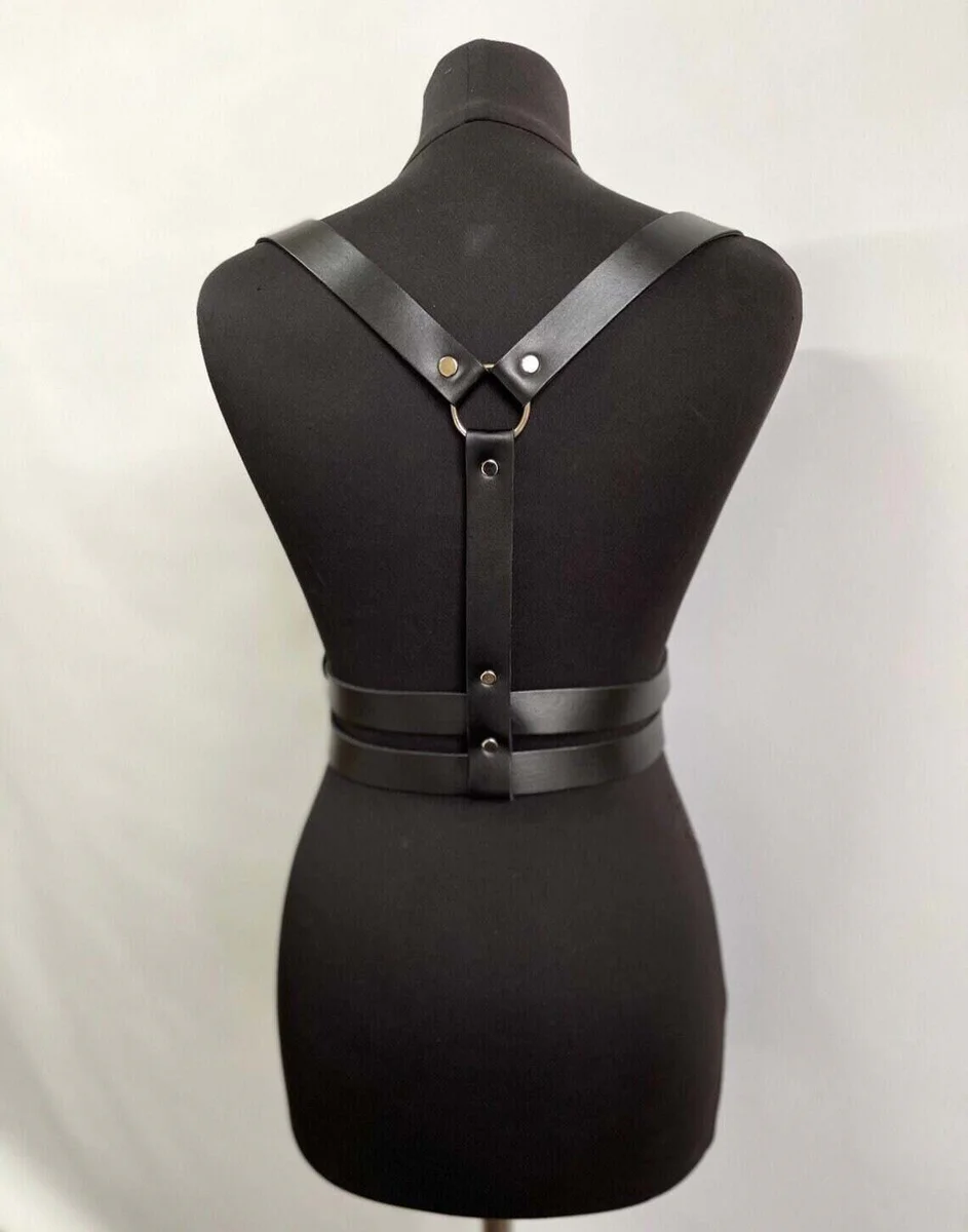 Black leather body harness with double waist