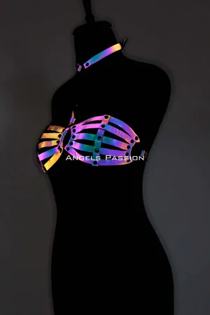 Reflective Harness Bra Top Rave Festival Holographic Set