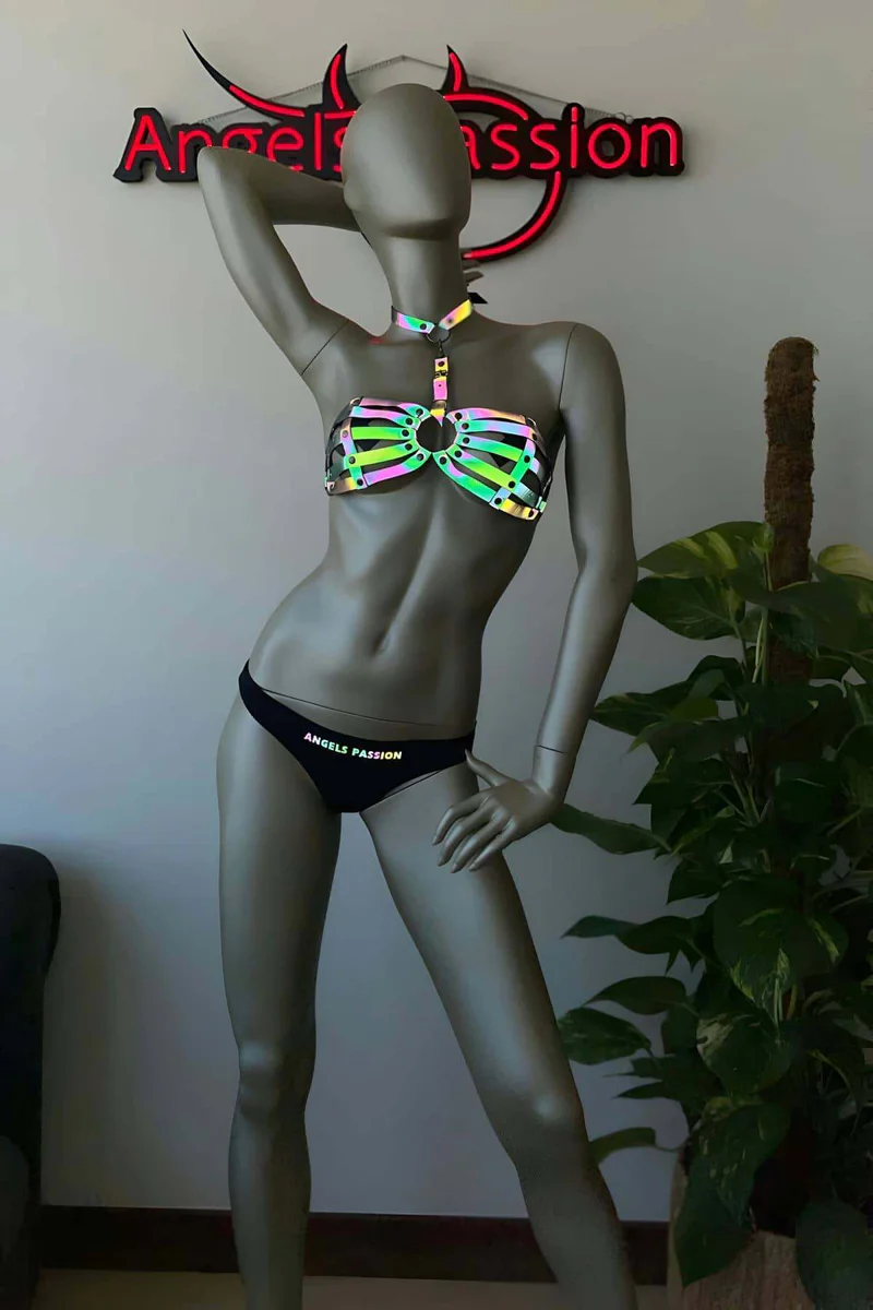 Reflective Harness Bra Top Rave Festival Holographic Set