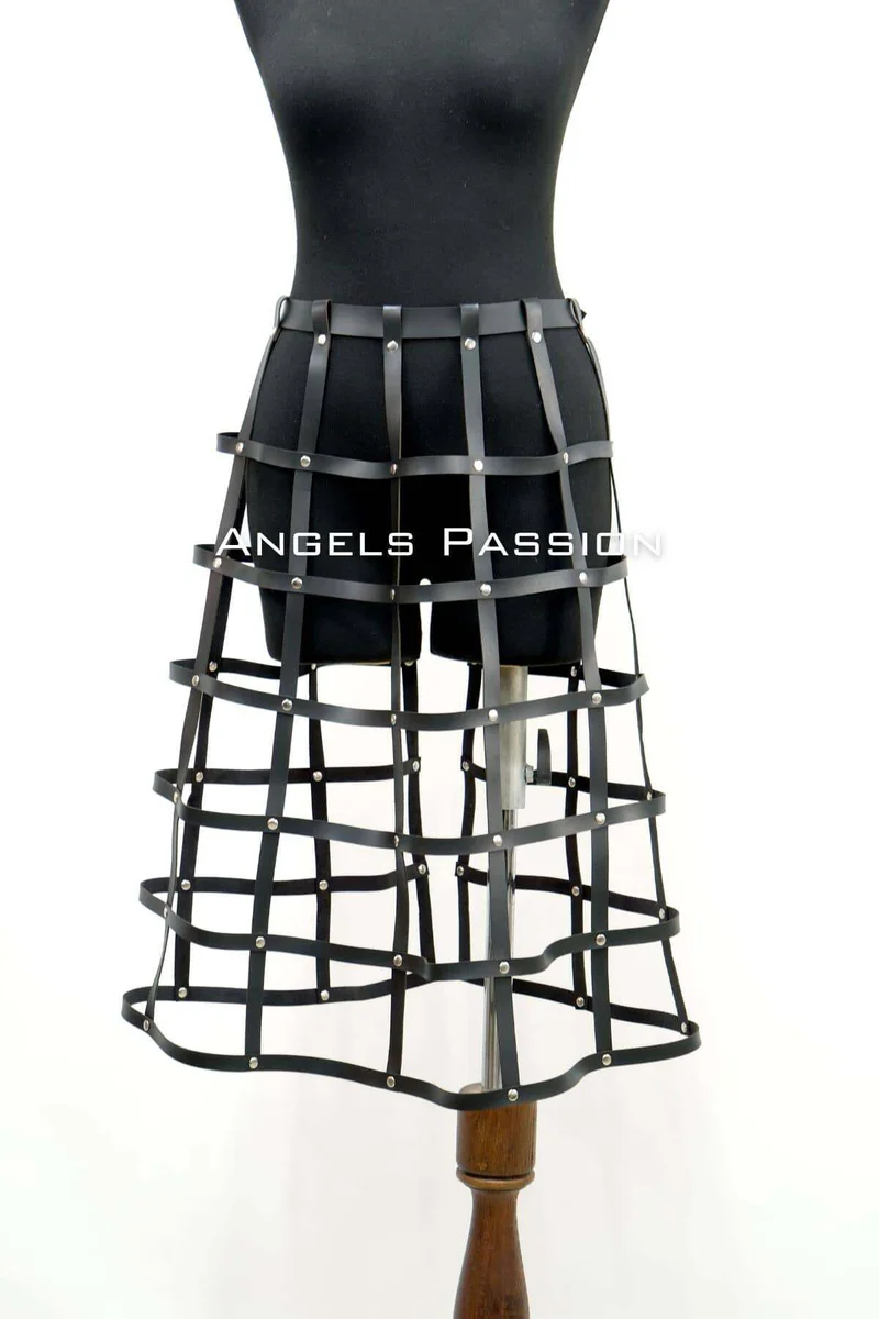 Black Faux Leather Cage Skirt Harness with Silver Studs Worn on Mannequin
