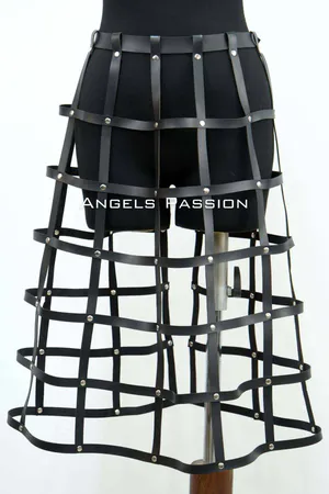Black Faux Leather Cage Skirt Harness with Silver Studs Worn on Mannequin