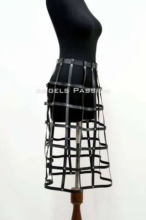 Black Faux Leather Cage Skirt Harness with Silver Studs Worn on Mannequin