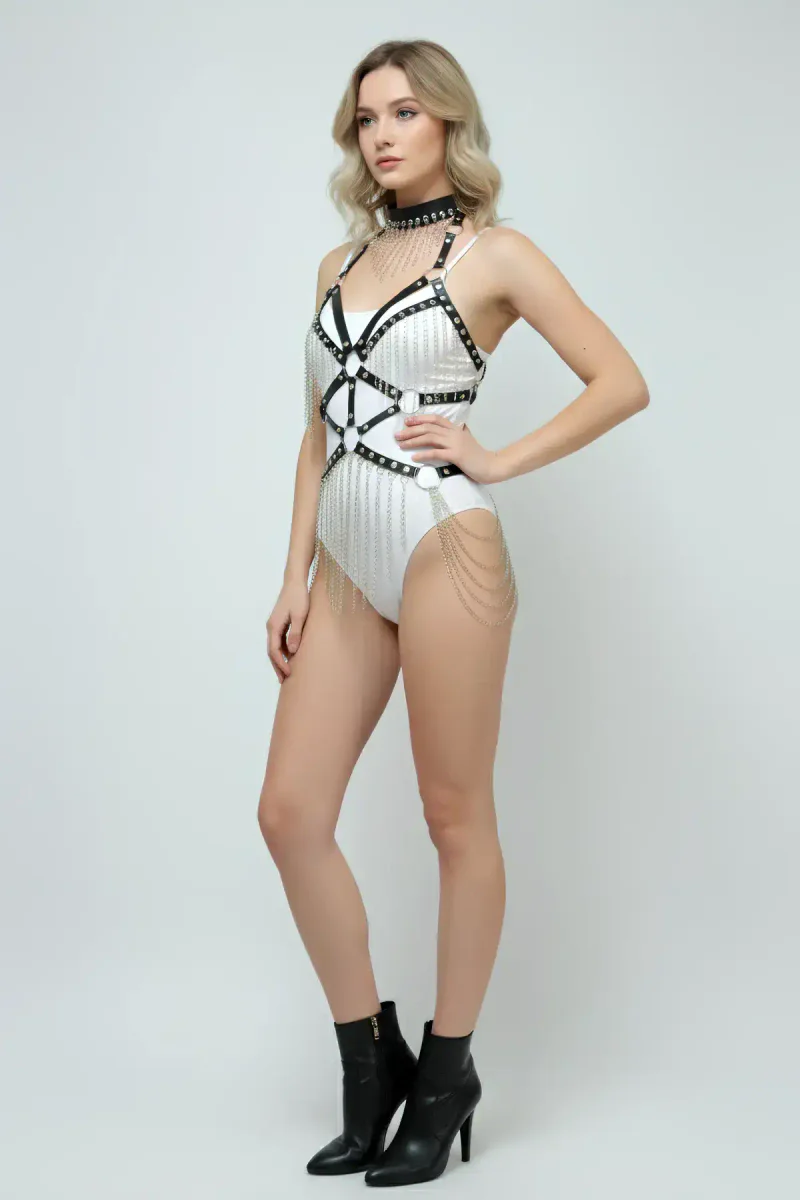 Chain Body Harness with Adjustable Leather Straps for Women