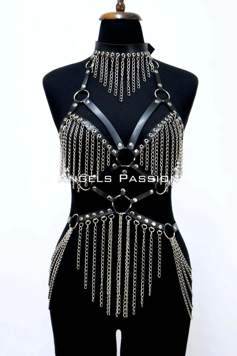 Chain Body Harness with Adjustable Leather Straps for Women