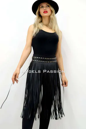 Fringe Belt Skirt Overlay – Black Faux Leather Tassel Waist Skirt