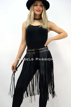 Fringe Belt Skirt Overlay – Black Faux Leather Tassel Waist Skirt