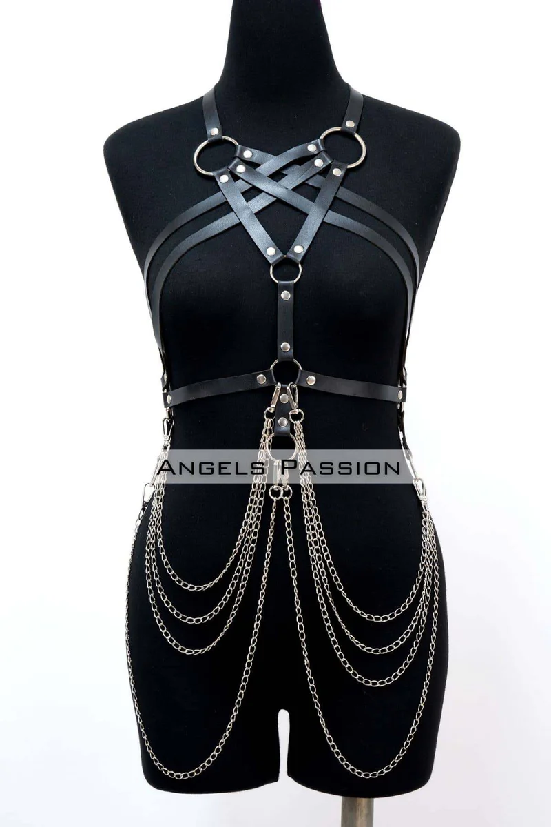 Leather Body Harness with Adjustable Straps & Chain Detail
