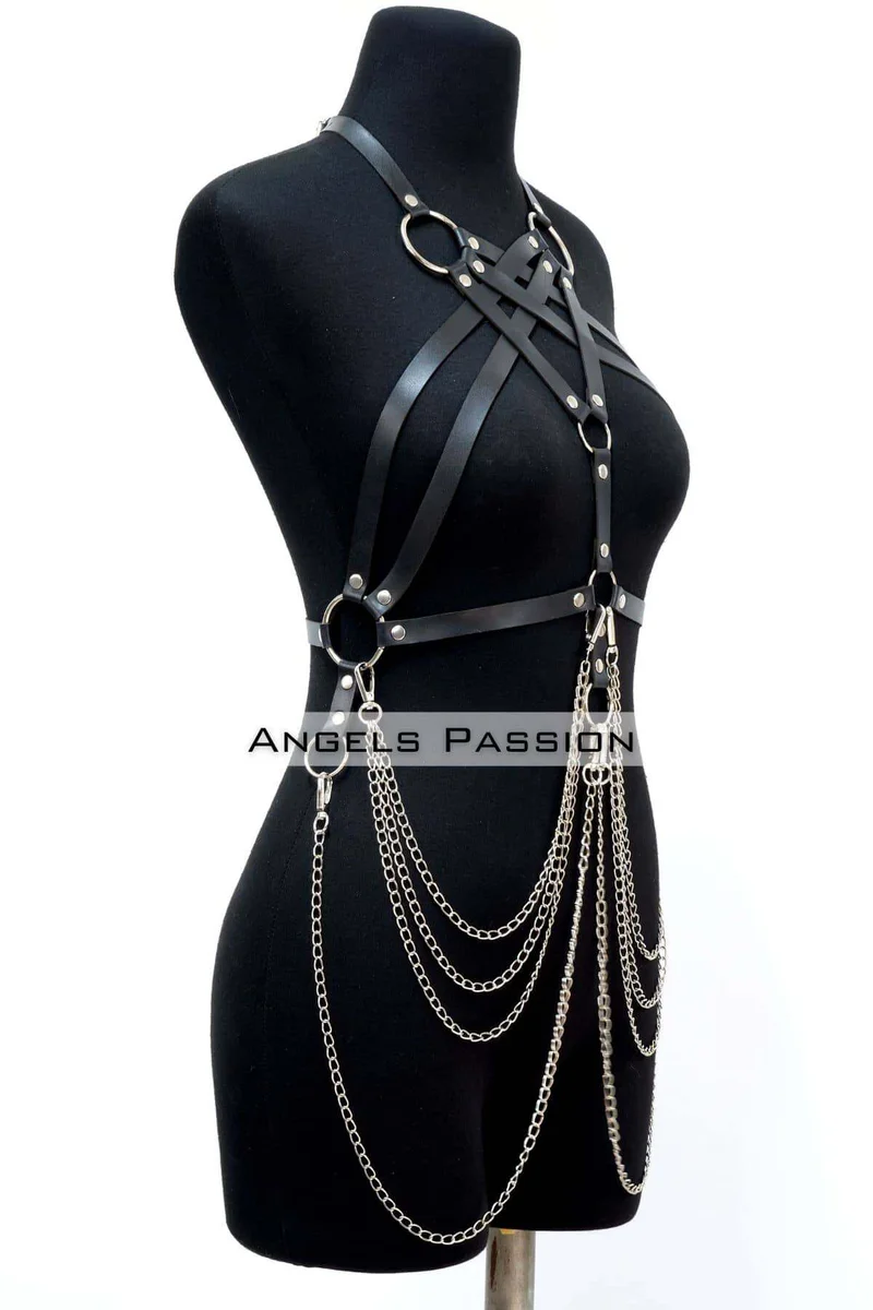 Leather Body Harness with Adjustable Straps & Chain Detail