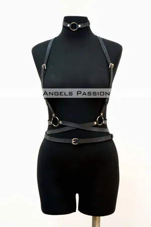 Black Faux Leather Chest Harness Choker Set Women Adjustable Straps