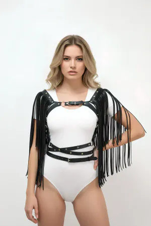Tassel Detailed Leather Chest Harness, Leather Harness Tassel Jacket - APFT999
