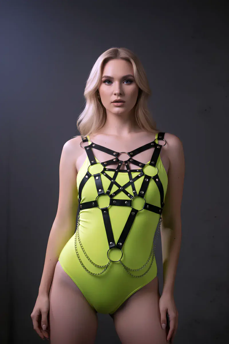 Adjustable Leather Chest Harness with Chain Detail