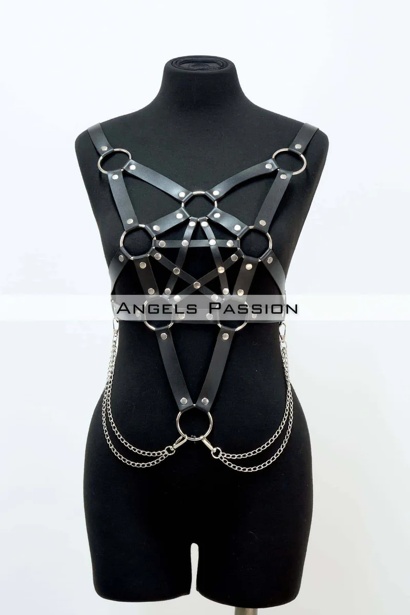 Adjustable Leather Chest Harness with Chain Detail