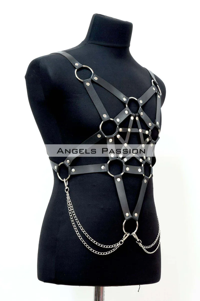 Black vegan leather body harness front