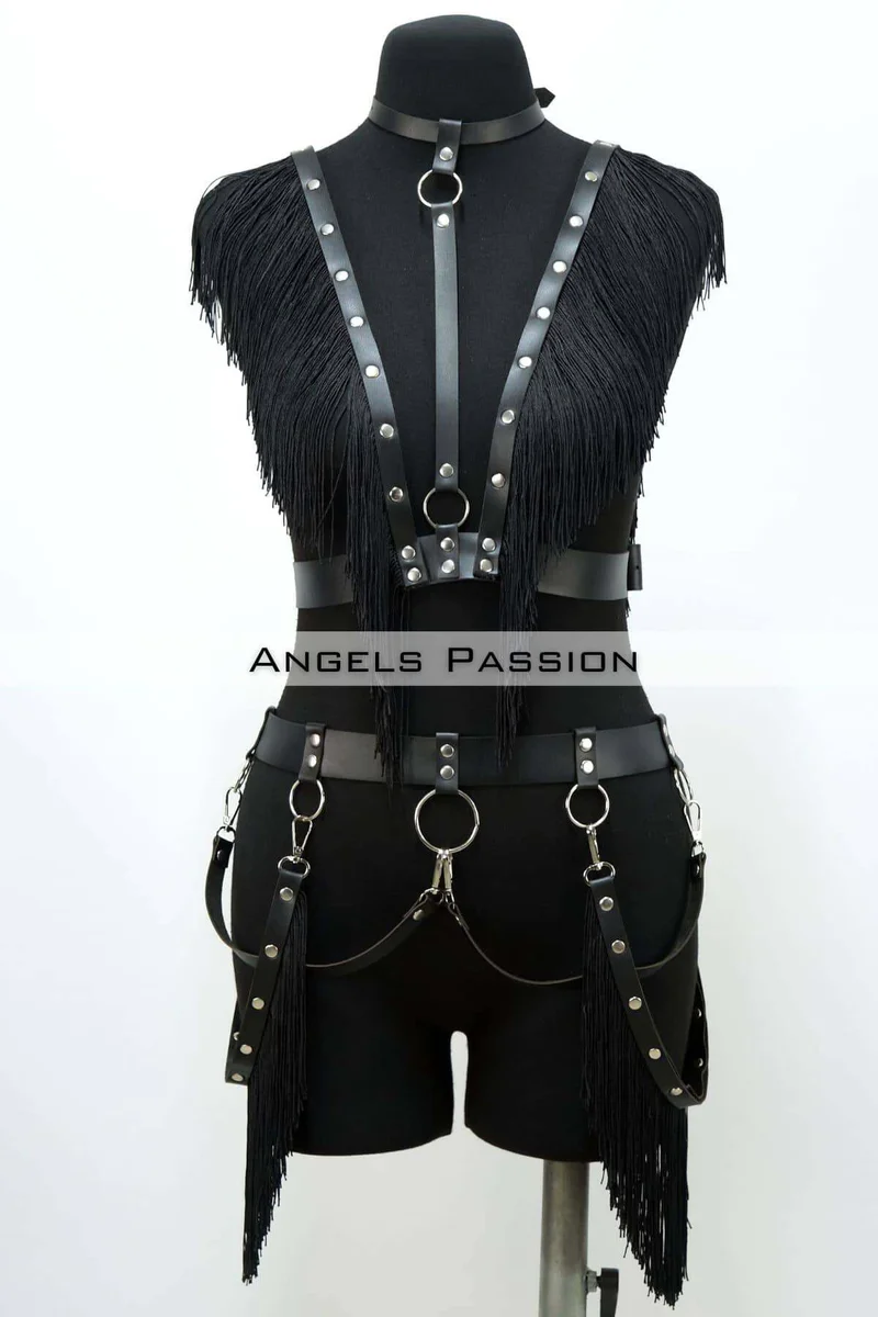 Body Harness Set Black Fringe Detail Shoulder