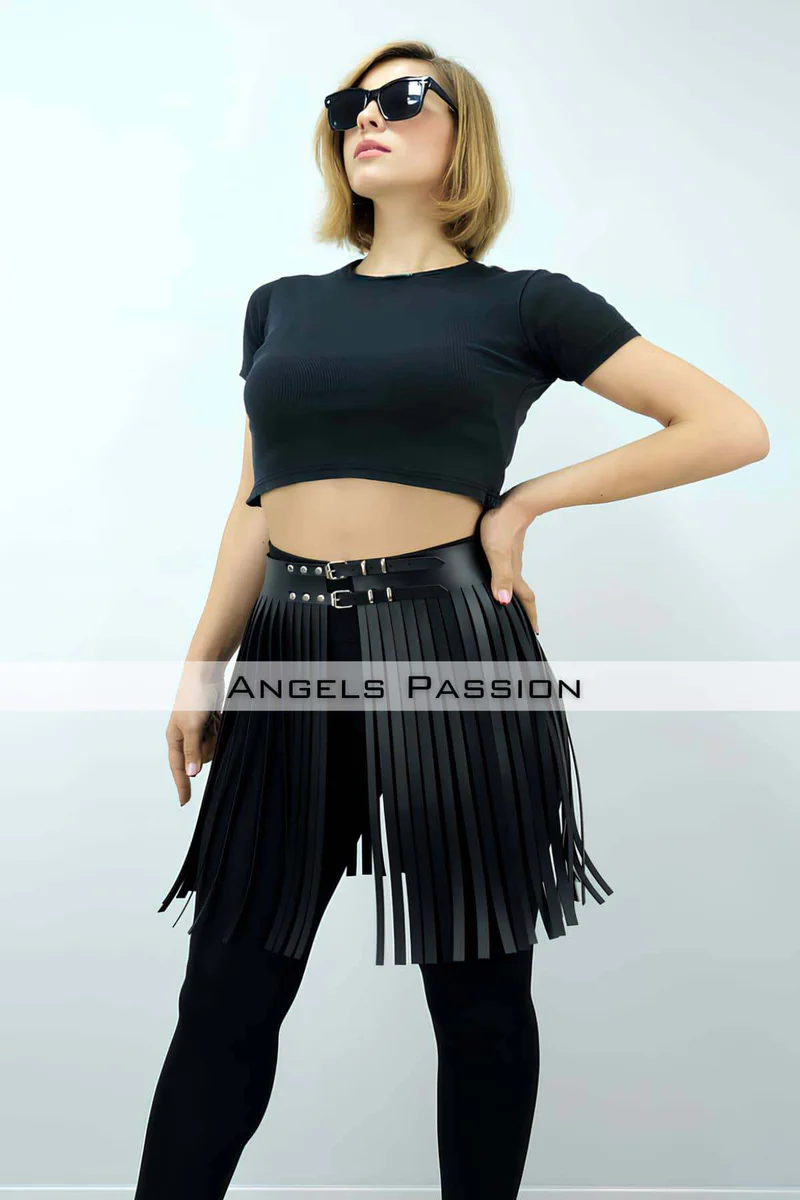Black Vegan Leather Fringe Skirt Overlay Front
