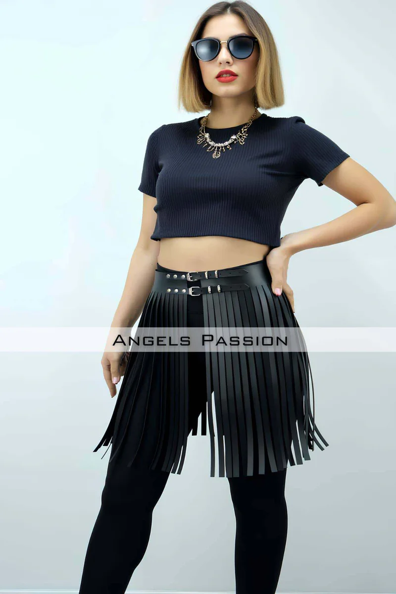 Adjustable Faux Leather Fringe Skirt