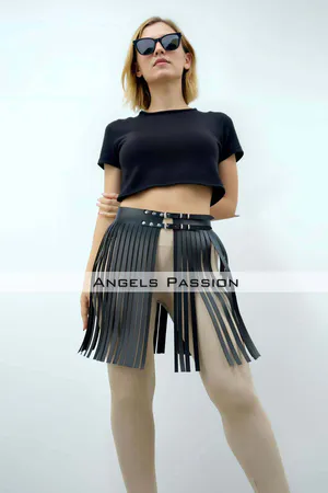 Black Vegan Leather Fringe Skirt Overlay with Dual Buckles