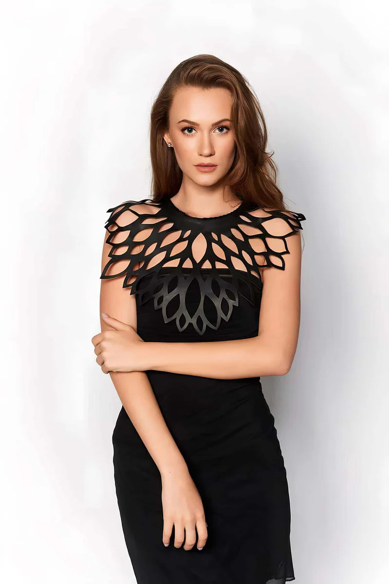 Black faux leather leaf cutout festival collar