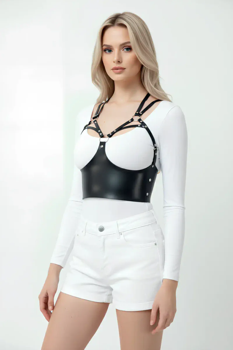 Black faux leather body harness front view O-ring detail close-up