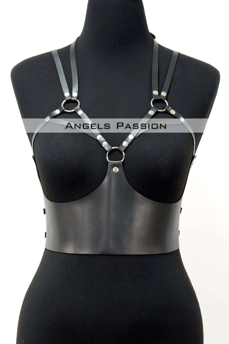 Black faux leather body harness with O-rings and studs festival outfit