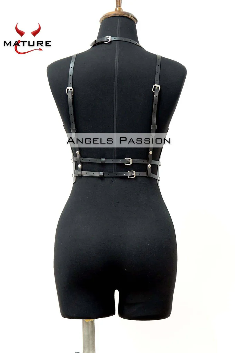 Black faux leather harness body lingerie with O-ring details and adjustable straps