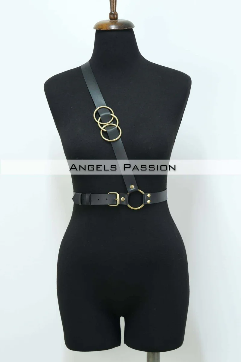 Leather Chest Harness Adjustable Body Strap with Gold Rings