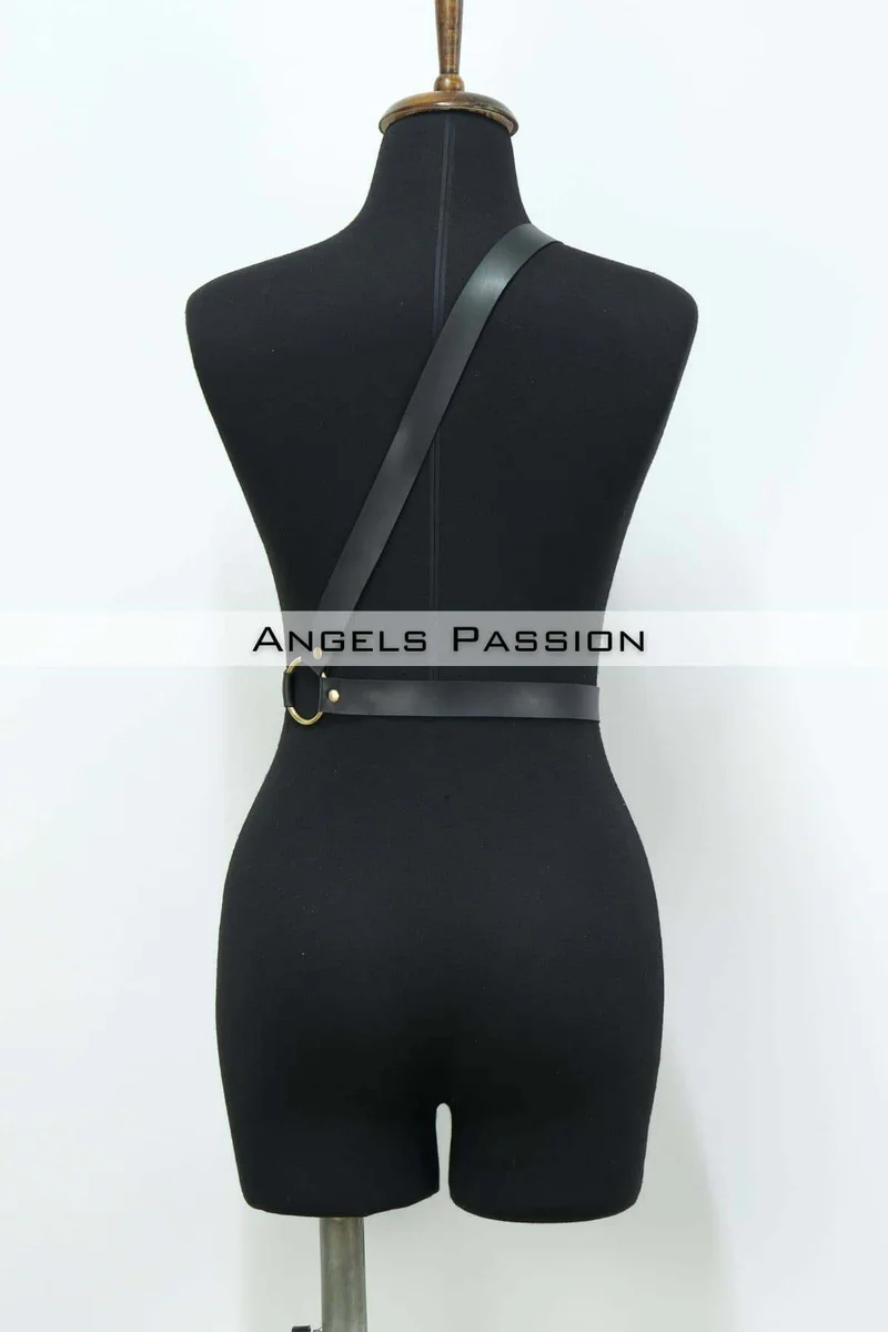 Leather Chest Harness Adjustable Body Strap with Gold Rings