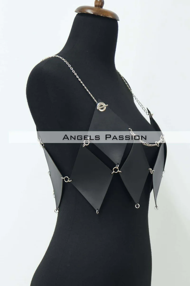 Black vegan leather chest harness front