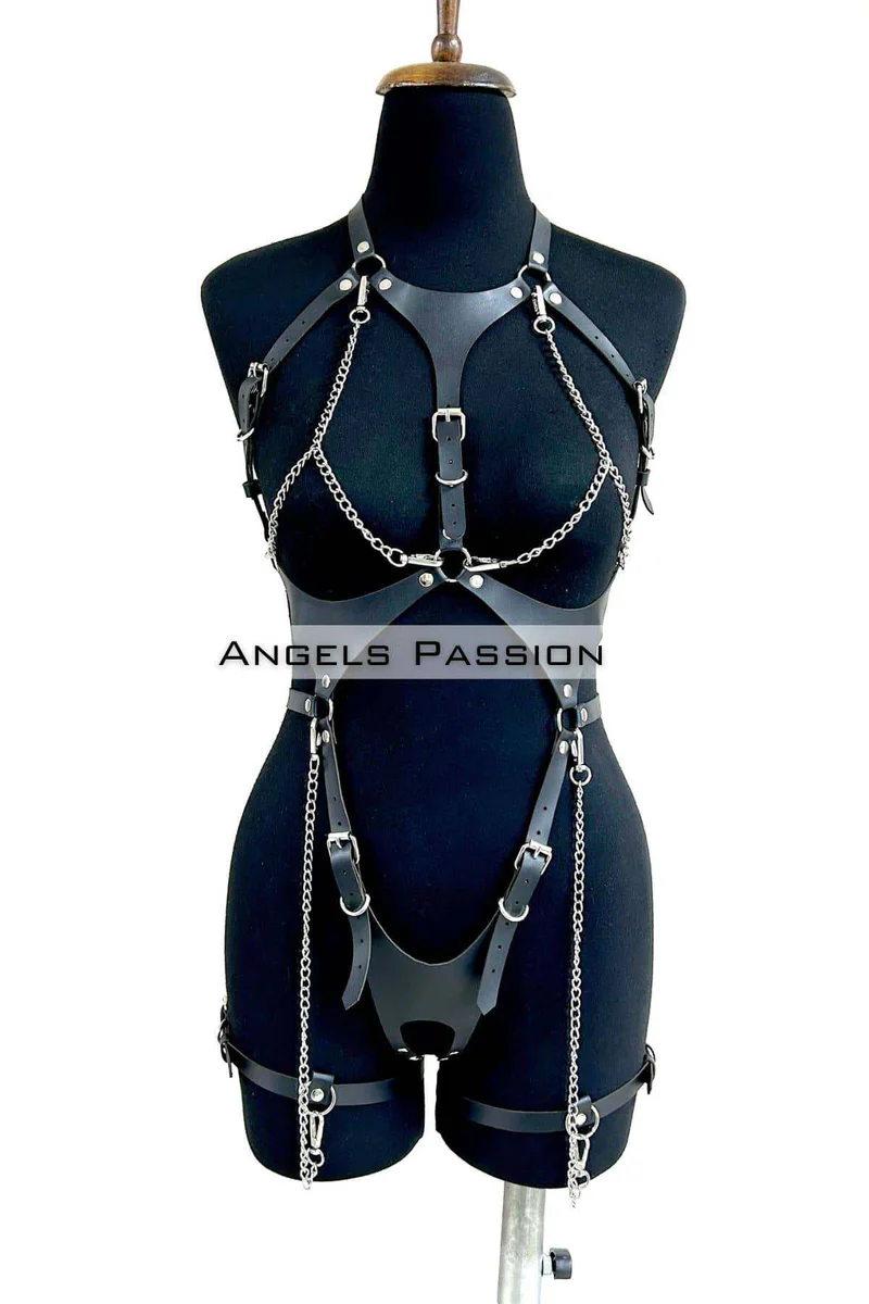 Leather Body Harness with Adjustable Straps & Chains