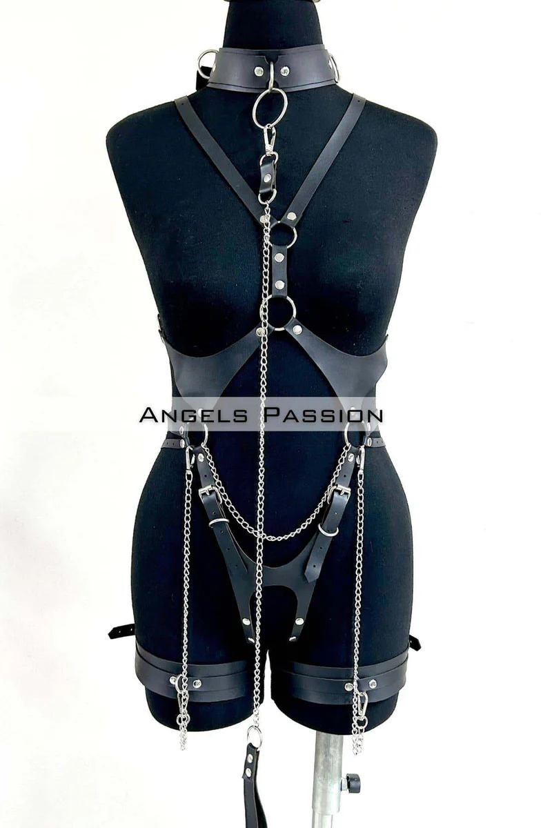 Stylish Leather Harness with Collar and Chain Detail, Leather Fancy Clothing- APFT1225