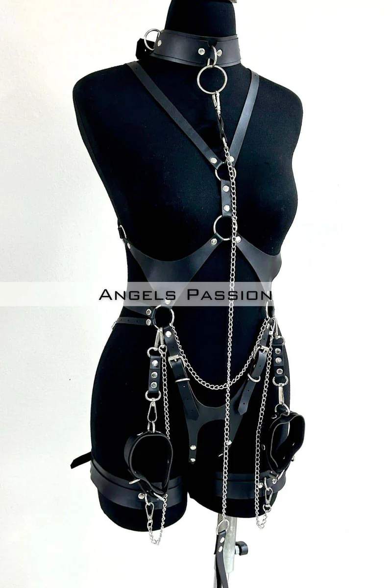 Stylish Leather Harness with Collar and Chain Detail, Leather Fancy Clothing- APFT1225