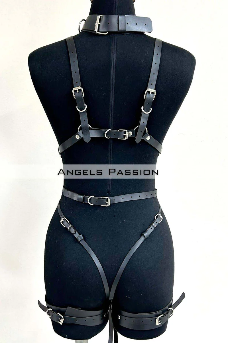 Stylish Leather Harness with Collar and Chain Detail, Leather Fancy Clothing- APFT1225