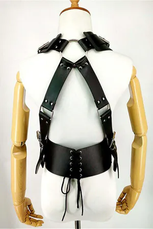 Black Faux Leather Body Harness Back View Wide Corset Waist Lacing