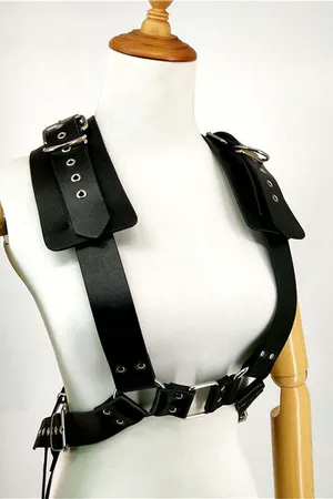Black Faux Leather Body Harness Back View Wide Corset Waist Lacing