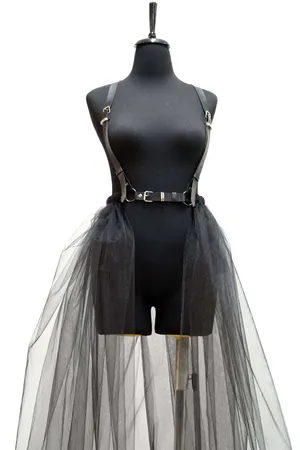 Long Black Tulle Skirt with Faux Leather Body Harness worn by model